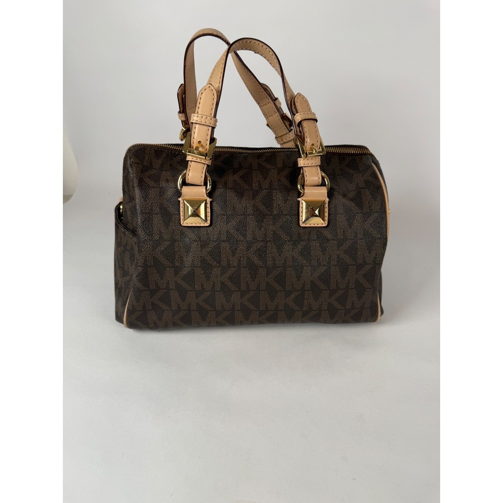 Michael Kors Monogram Satchel Brown MK Logo Studded Bowler Handbag